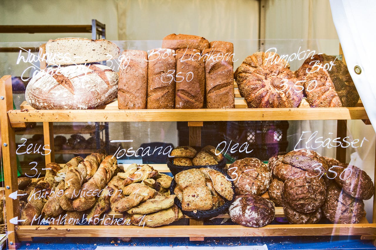 services-04 A tempting array of freshly baked breads at a local market in Berlin, Germany.