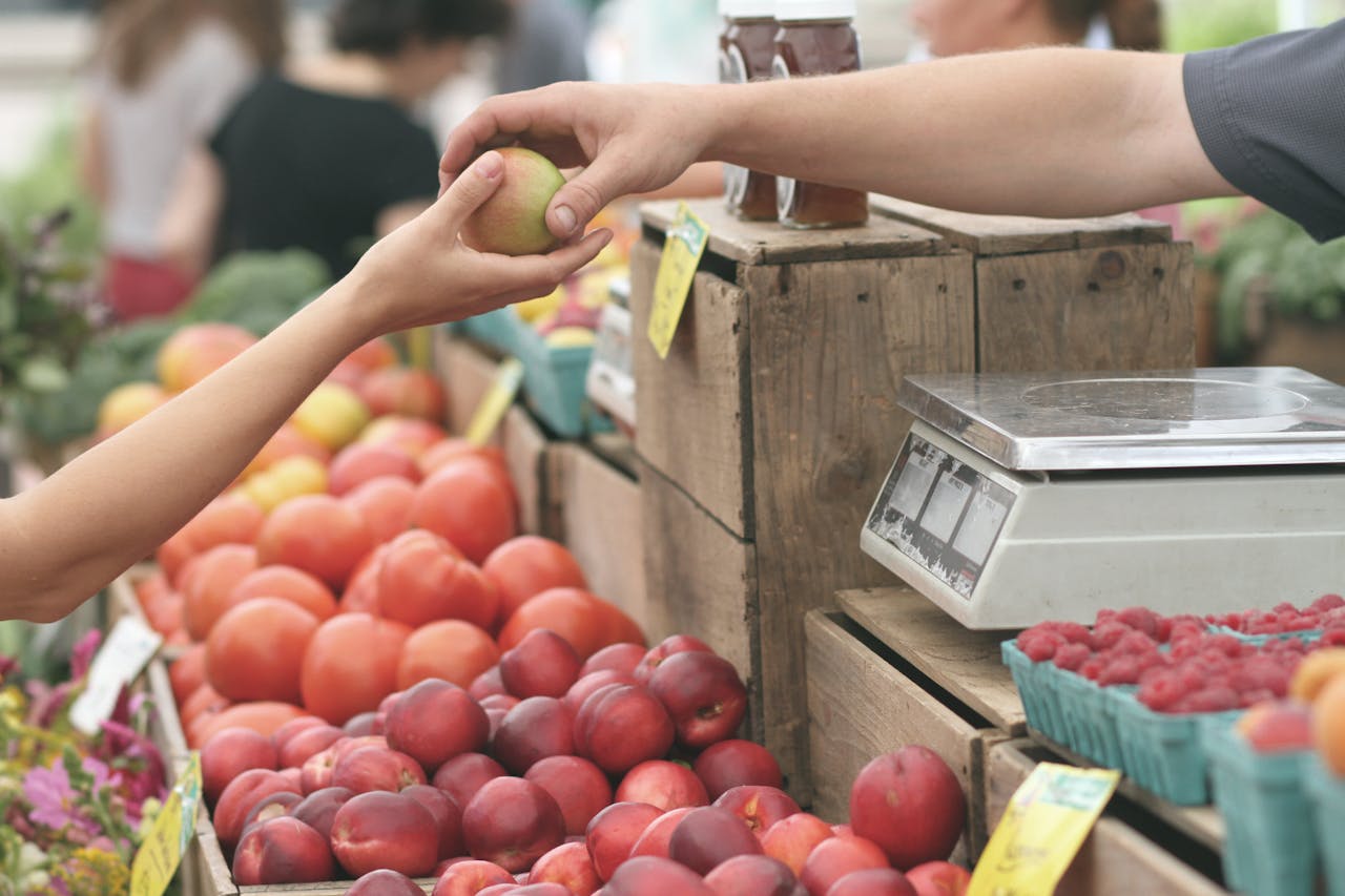 embark A customer exchanges an apple with a vendor at a vibrant farmers market.